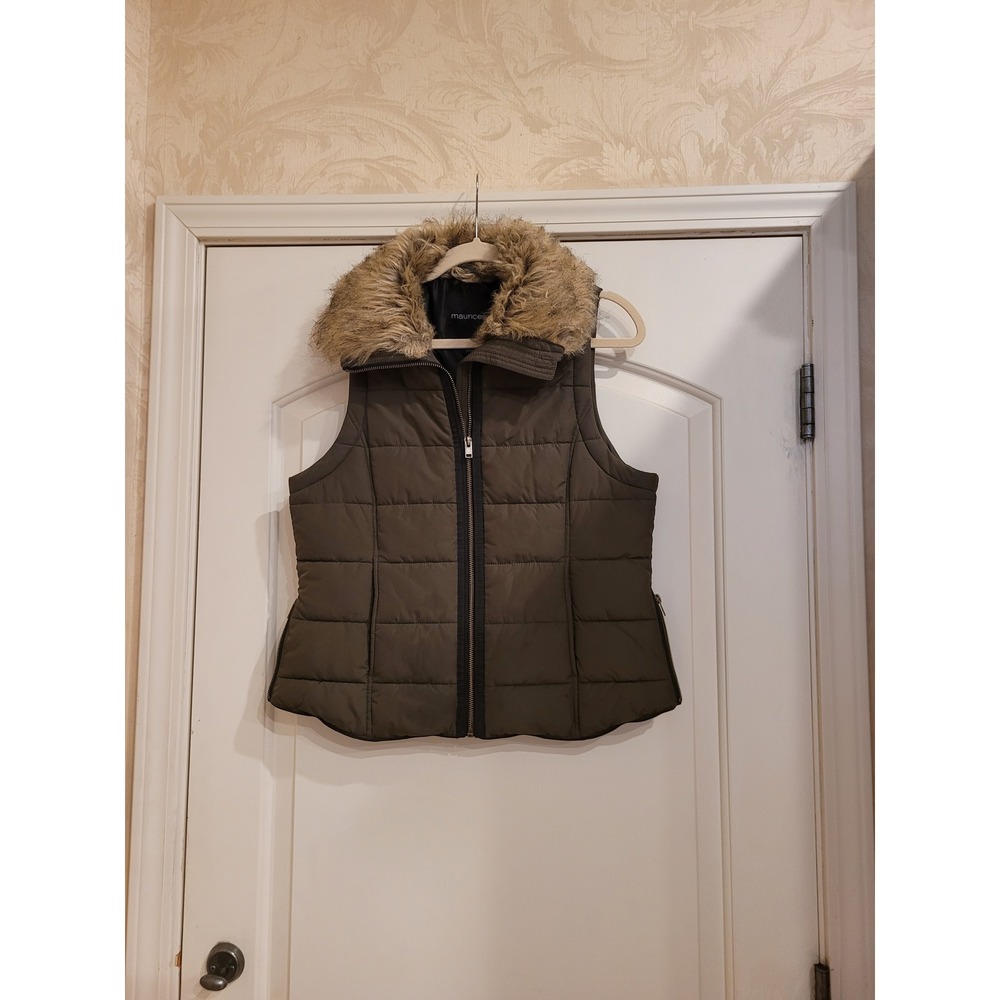 Maurices Olive Green Puffer Vest Faux Fur Collar Side Zip Quilted Medium